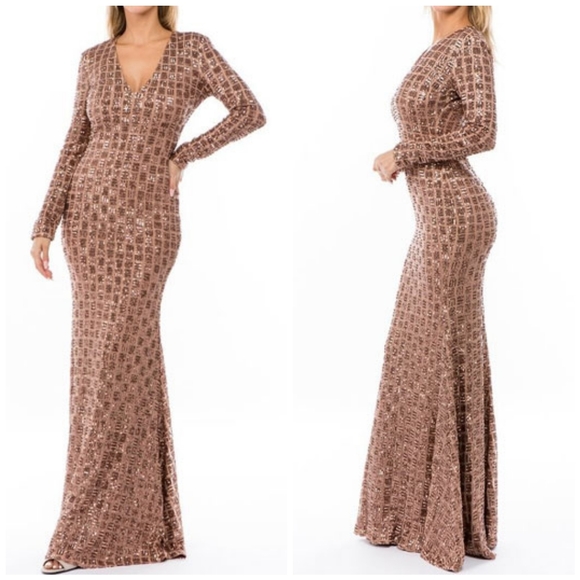 Bronze Sequins Long Sleeve Dress - Picture 3 of 4